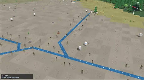 The generated world in agents.exe: a river crossing a dry plain, animals scattered over it, and forest on the higher ground