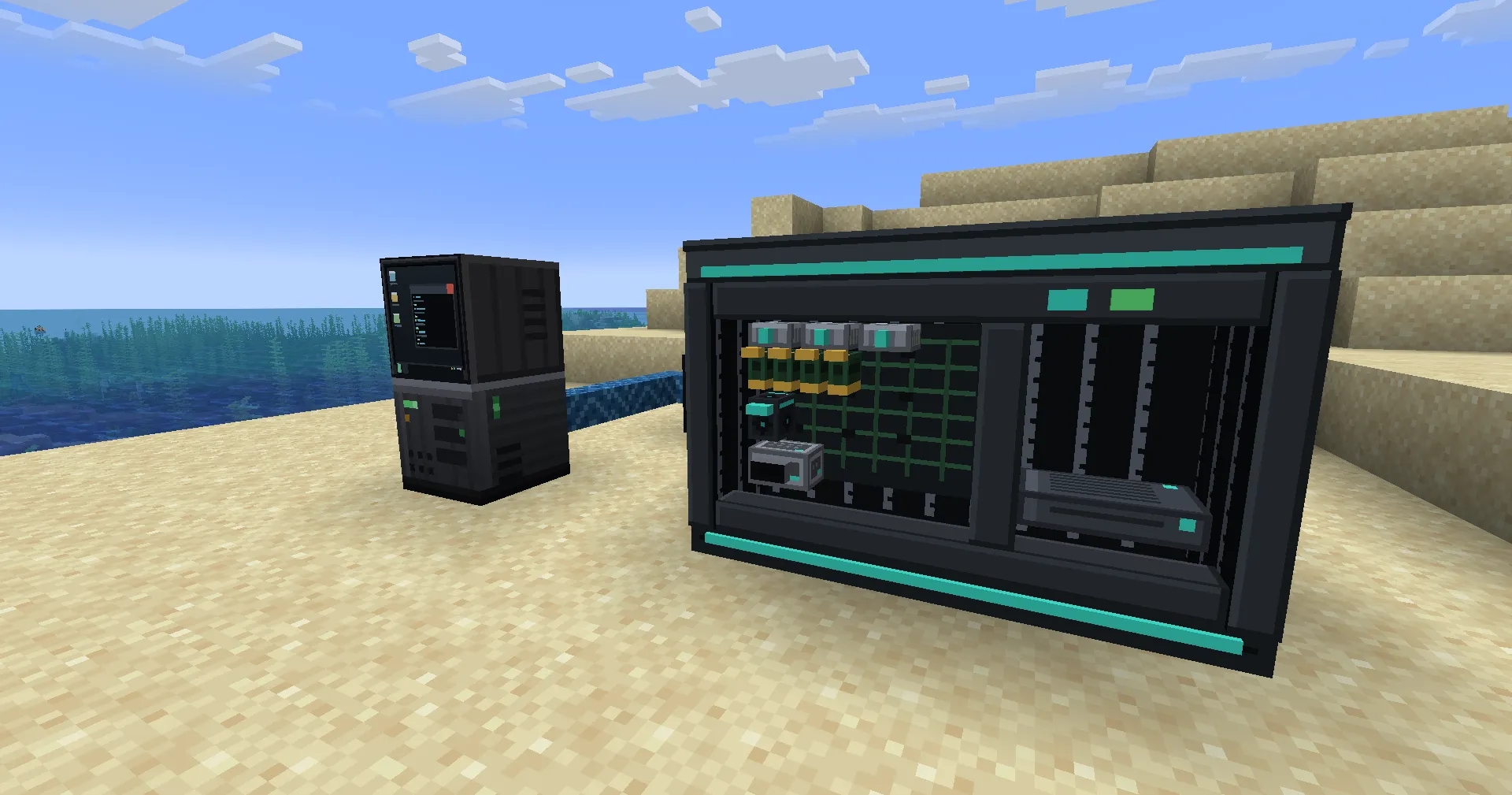 A terminal tower and a wall-mounted rack from js-tech-series standing on a Minecraft beach, the rack holding boards, drives and modules behind glass
